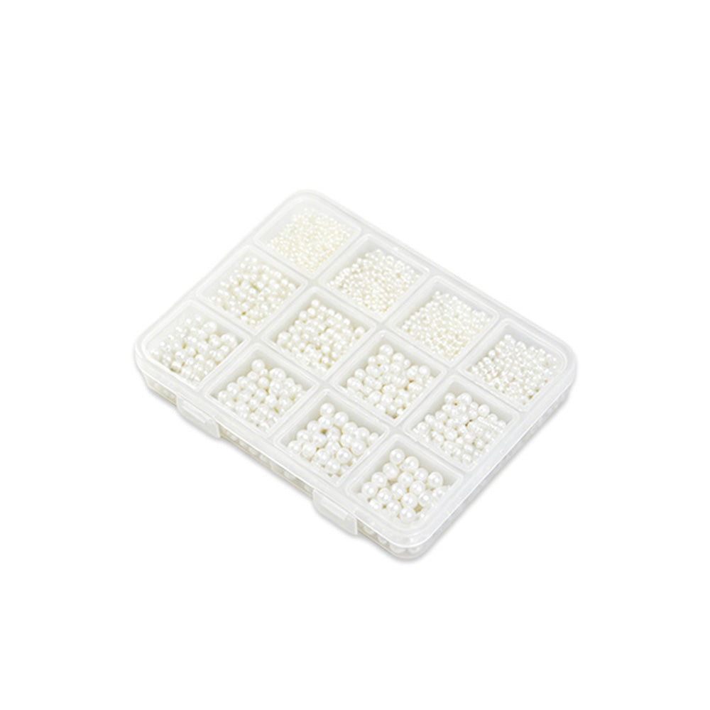 12 Grids Mixed Size White Nail Art Pearls High Gloss Flat Back Round Pearl Beads Anti‑Fading Anti‑Yellowing