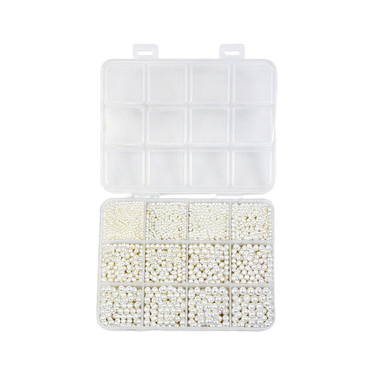 12 Grids Mixed Size White Nail Art Pearls High Gloss Flat Back Round Pearl Beads Anti‑Fading Anti‑Yellowing
