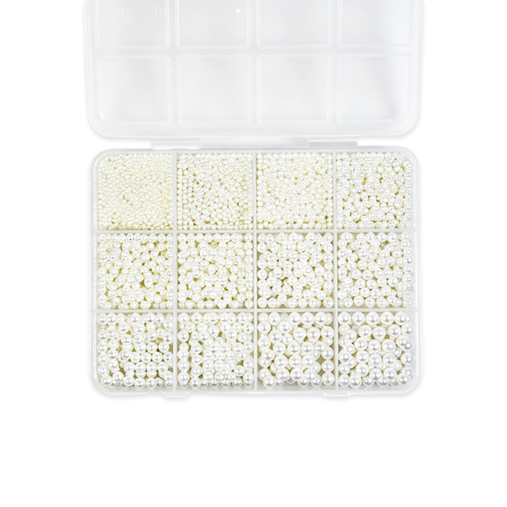 12 Grids Mixed Size White Nail Art Pearls High Gloss Flat Back Round Pearl Beads Anti‑Fading Anti‑Yellowing