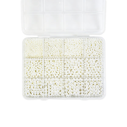 12 Grids Mixed Size White Nail Art Pearls High Gloss Flat Back Round Pearl Beads Anti‑Fading Anti‑Yellowing