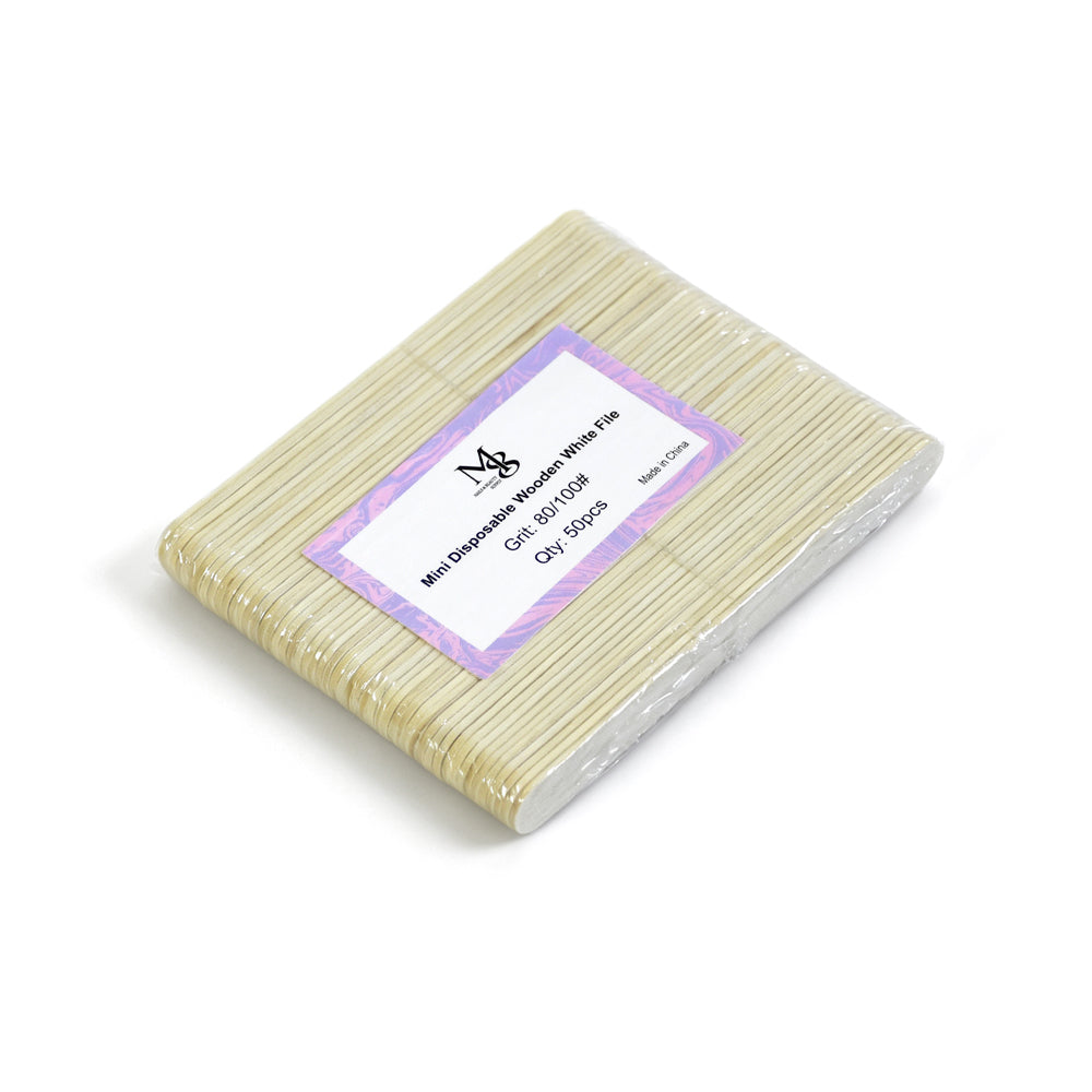 White Mini Disposable Nail File Wood Inside 80/100#Grit | 50Pcs Bag