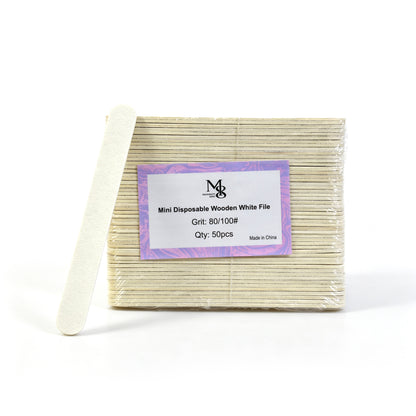 White Mini Disposable Nail File Wood Inside 80/100#Grit | 50Pcs Bag