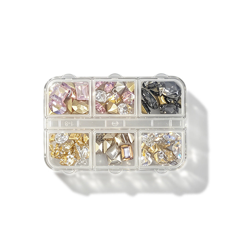K9 High Quality Nail Art Rhinestones Mixed Shape Crystal Gems 6 Grids Box For Manicure DIY Salon Decor