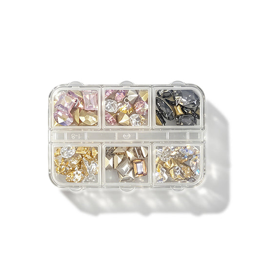 K9 High Quality Nail Art Rhinestones Mixed Shape Crystal Gems 6 Grids Box For Manicure DIY Salon Decor