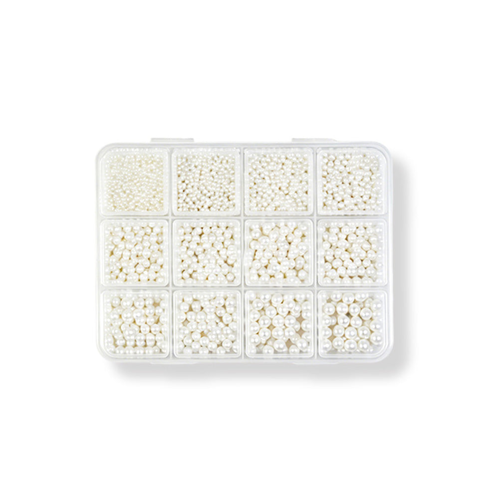 12 Grids Mixed Size White Nail Art Pearls High Gloss Flat Back Round Pearl Beads Anti‑Fading Anti‑Yellowing