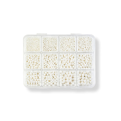 12 Grids Mixed Size White Nail Art Pearls High Gloss Flat Back Round Pearl Beads Anti‑Fading Anti‑Yellowing