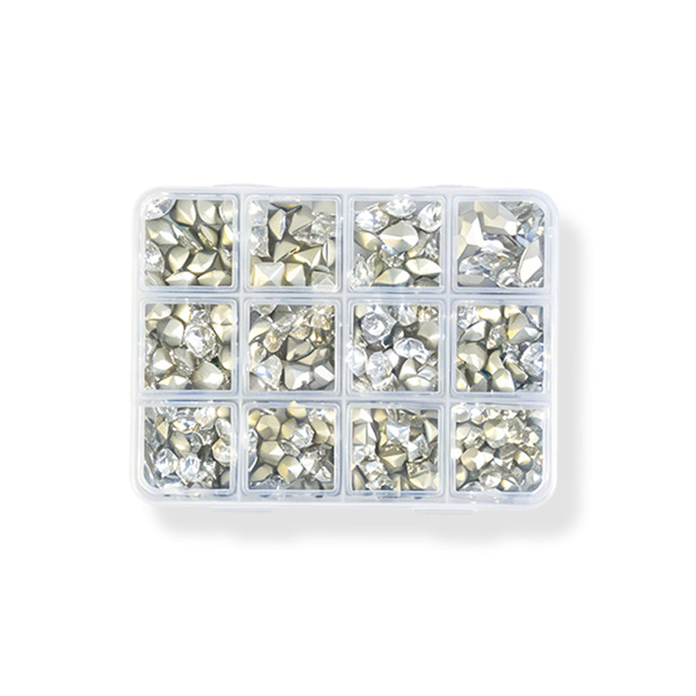 12 Grids Mixed Size Clear K9 Nail Rhinestones Pointed Back Crystal Gems