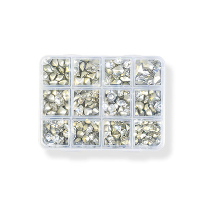 12 Grids Mixed Size Clear K9 Nail Rhinestones Pointed Back Crystal Gems