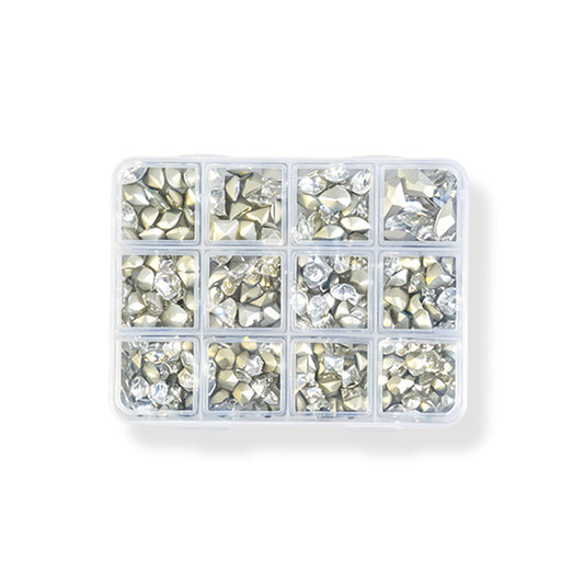 12 Grids Mixed Size Clear K9 Nail Rhinestones Pointed Back Crystal Gems