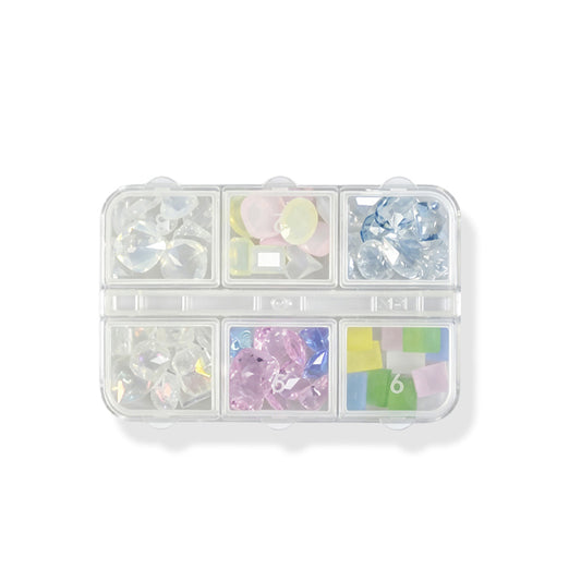 Mixed Transparent Nail Art Rhinestones Multi Shape Clear Crystal Gems 6 Grids Box For Manicure Salon DIY Decor