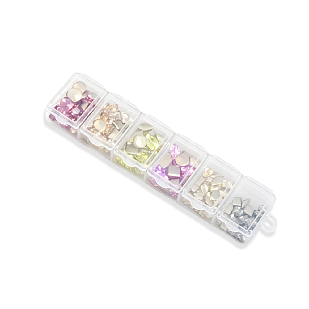 6 Grids Mixed Metallic Tone K9 Nail Rhinestones Flat Back Fancy Crystal Gems For DIY Manicure Salon Nail Art Decor