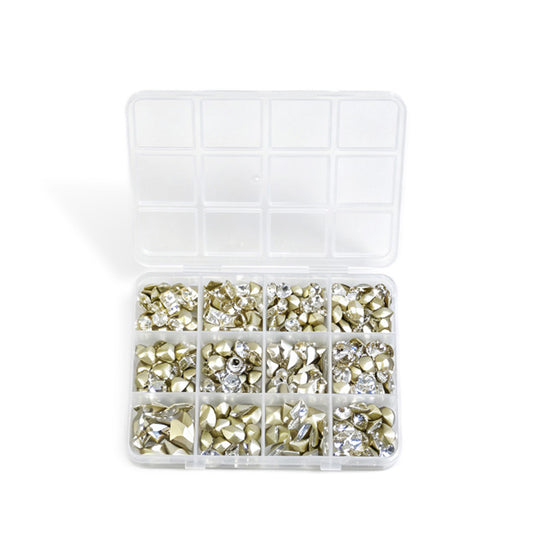12 Grids Mixed Size Clear K9 Nail Rhinestones Pointed Back Crystal Gems