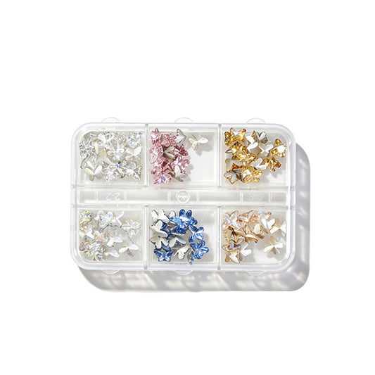 Mixed Butterfly Nail Art Charms 6 Grids Box Shiny Metallic Butterfly Decoration For DIY Manicure Salon Nails
