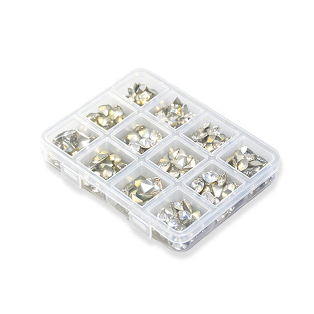 12 Grids Mixed Size Clear K9 Nail Rhinestones Pointed Back Crystal Gems