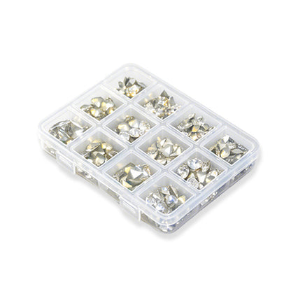 12 Grids Mixed Size Clear K9 Nail Rhinestones Pointed Back Crystal Gems